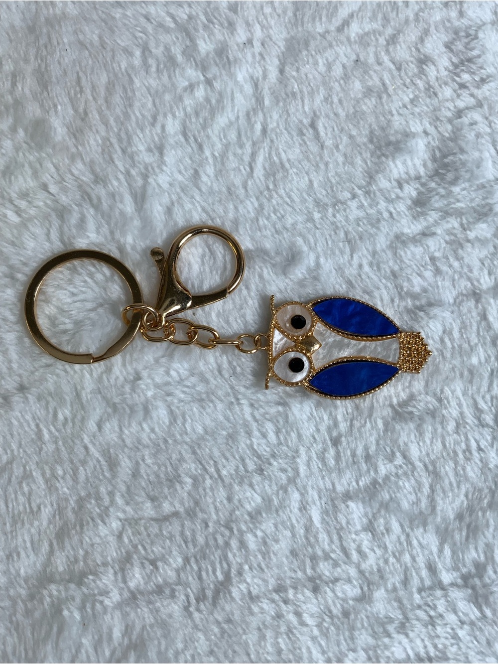 Gold Owl Keychain with Blue and White Enamel